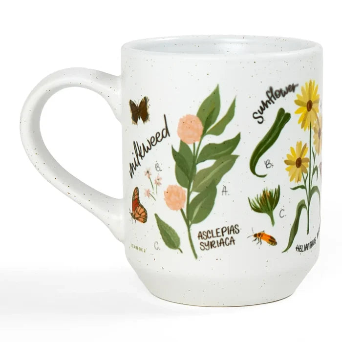 White speckled ceramic mug adorned with colorful blooming wildflowers.