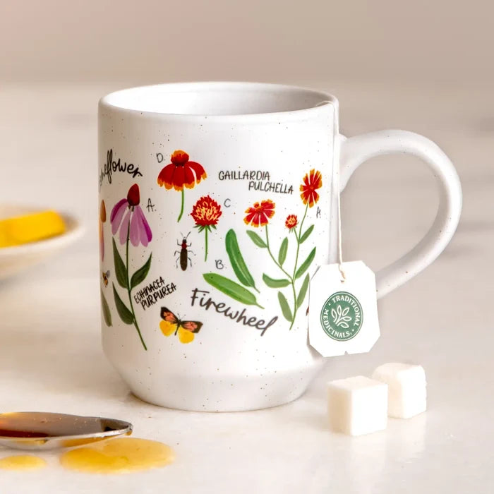 White ceramic Blooming Wildflowers mug decorated with bright wildflower illustrations