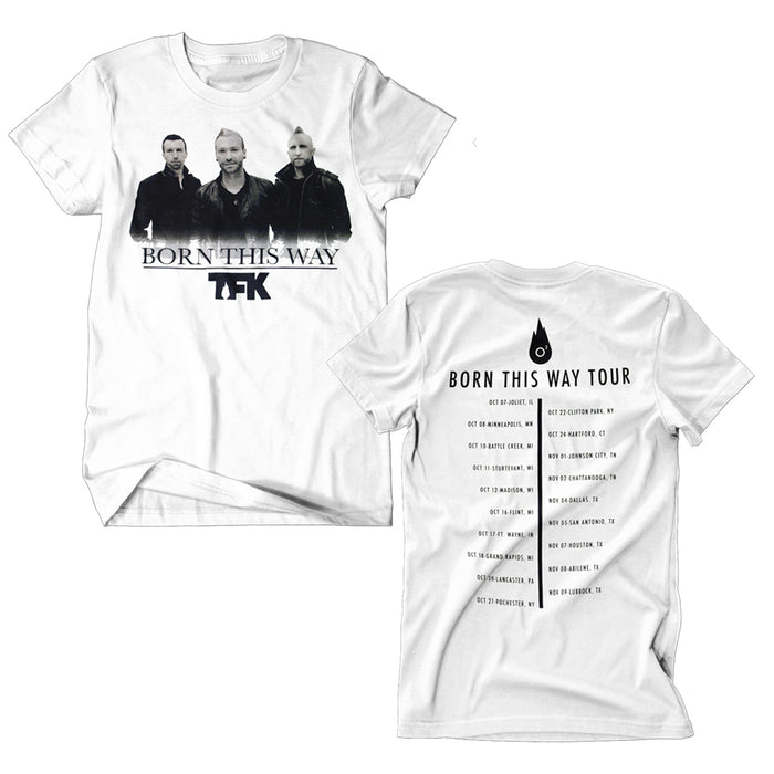White t-shirt by Thousand Foot Krutch featuring three people and “Born This Way” text on the front, with tour name and city list on the back, titled “Born This Way Tour.”.
