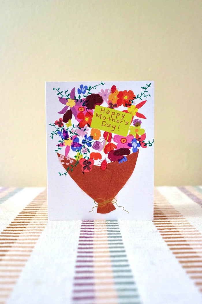 Bouquet Mother's Day card featuring a colorful floral bouquet and a yellow note reading Happy Mother's Day.