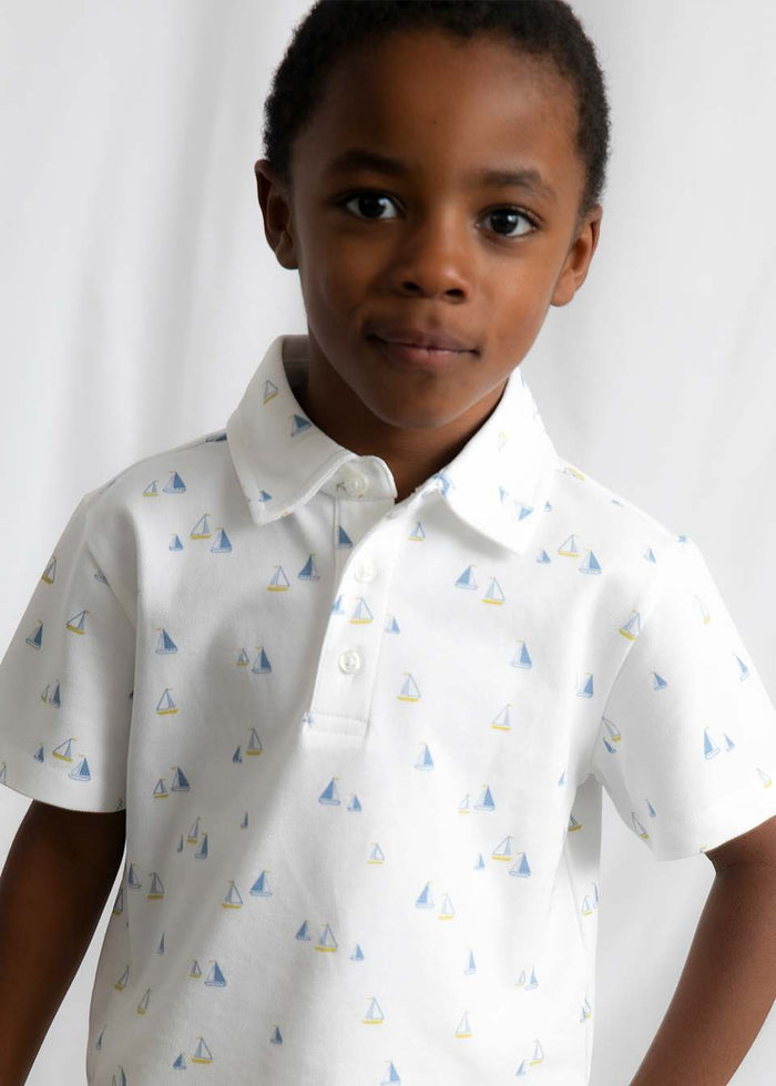 Boy Printed Polo - Sailboats - Wee Bee Baby Boutique