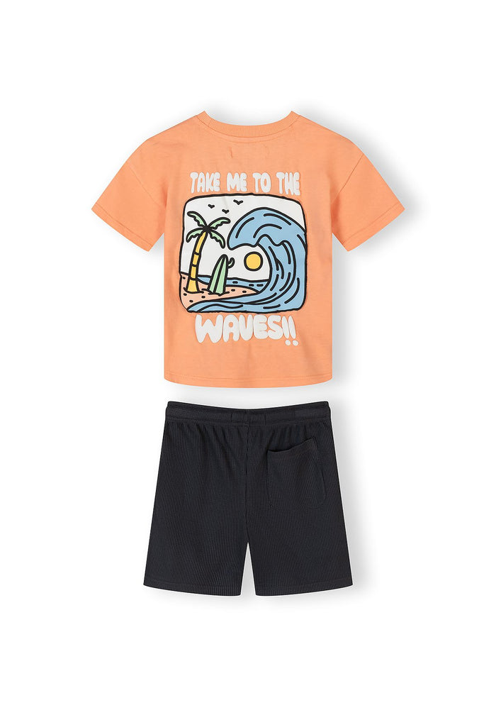 Boys' short-sleeved t-shirt in apricot with graphic and waffle shorts in gunmetal, front view.