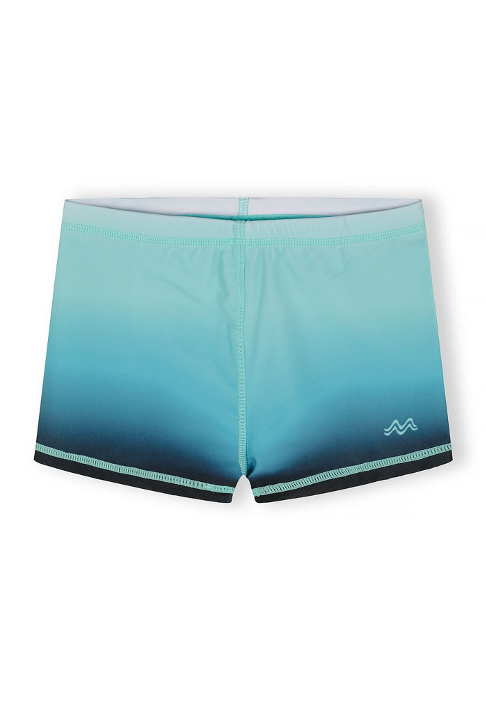 Boys swim shorts in gradient blue design, front view, elasticated waistband.