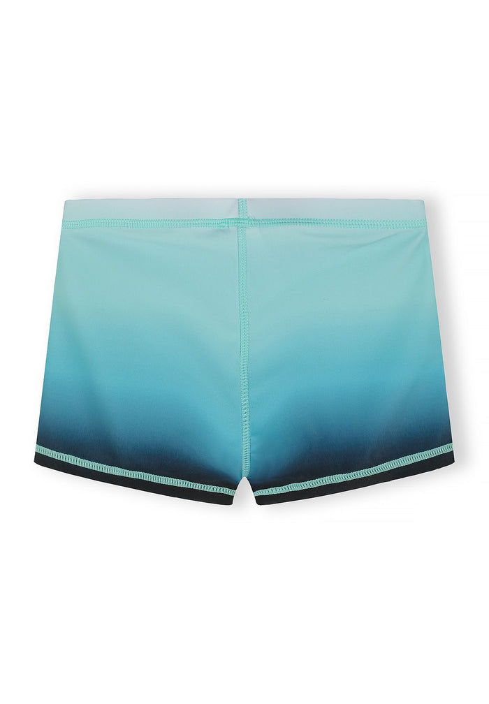 Boys swim shorts in blue gradient, back view, elasticated waistband.