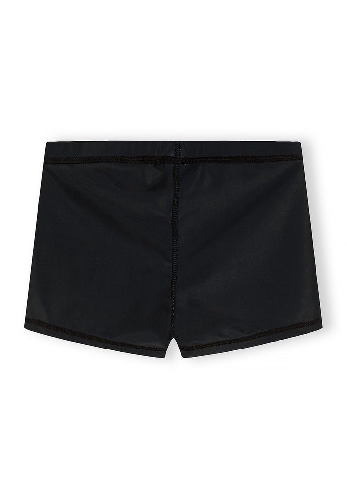 Boys swim shorts in solid black, back view, elasticated waistband.