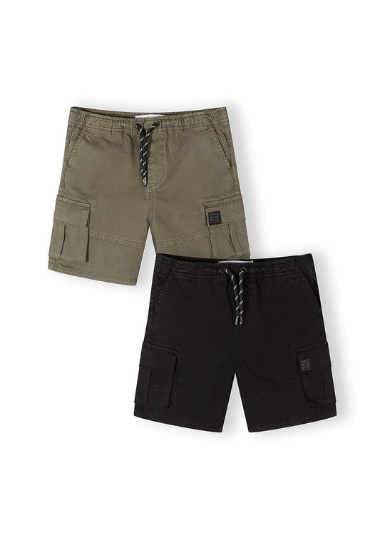 2-pack boys' woven combat shorts in black and khaki, front view, featuring cargo pockets.