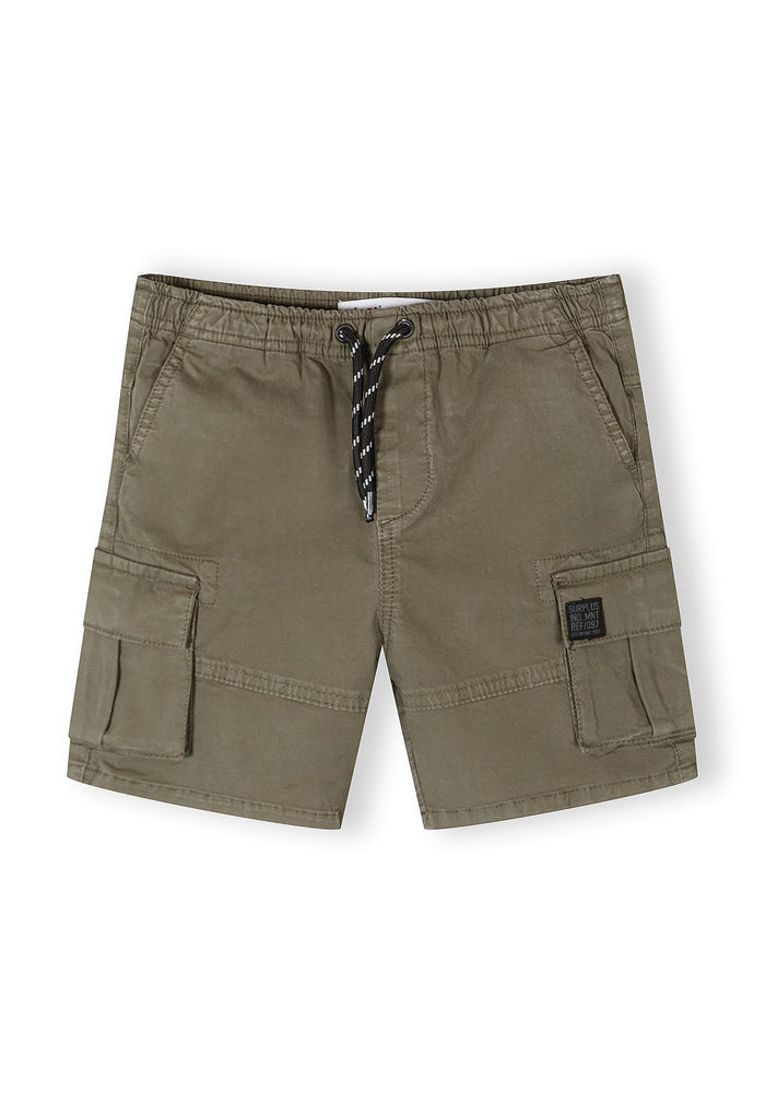 Detail of khaki woven combat shorts with elasticated waistband and cargo pockets.