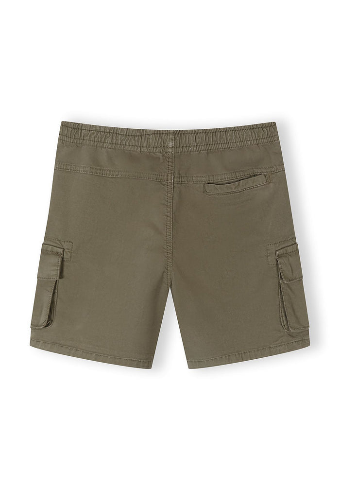 Back view of khaki woven combat shorts with elasticated waistband and cargo pockets.