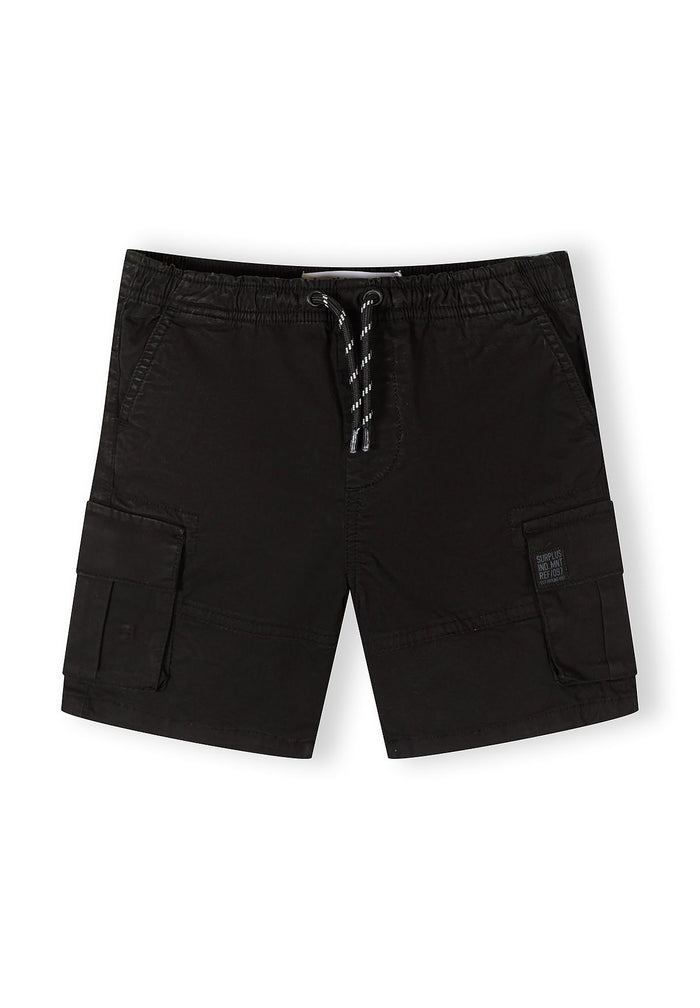 Black woven combat shorts with elasticated waistband and cargo pockets, front view.
