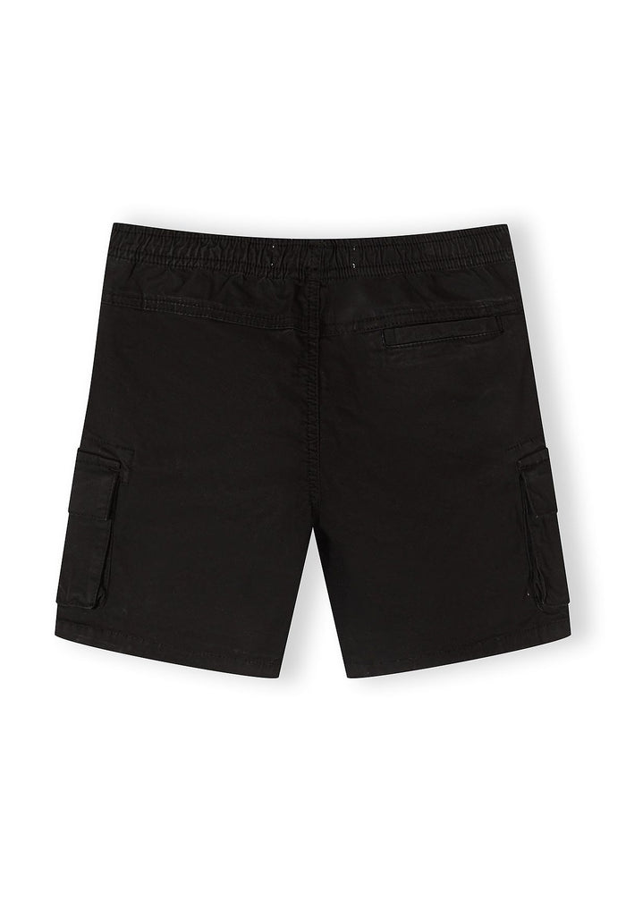 Back view of black woven combat shorts with elasticated waistband and cargo pockets.