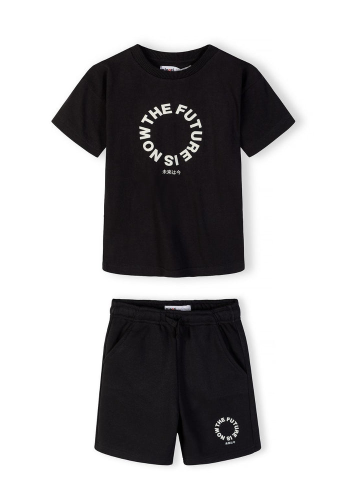 Boys black cotton t-shirt and shorts set, front view, features printed design.