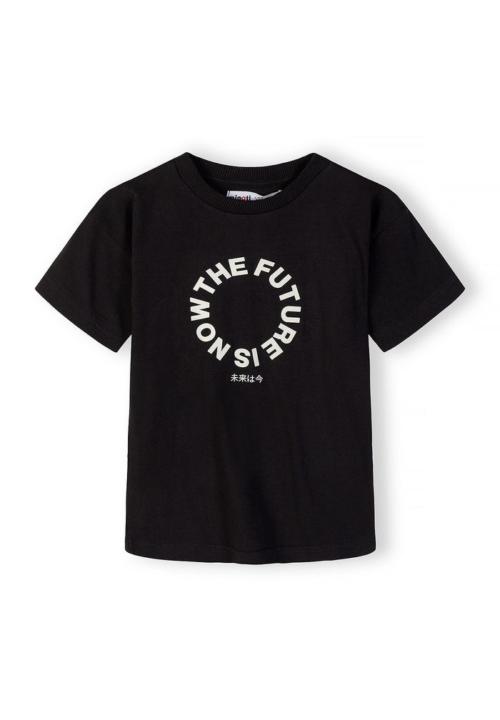 Boys black short-sleeve t-shirt with printed text, front view.