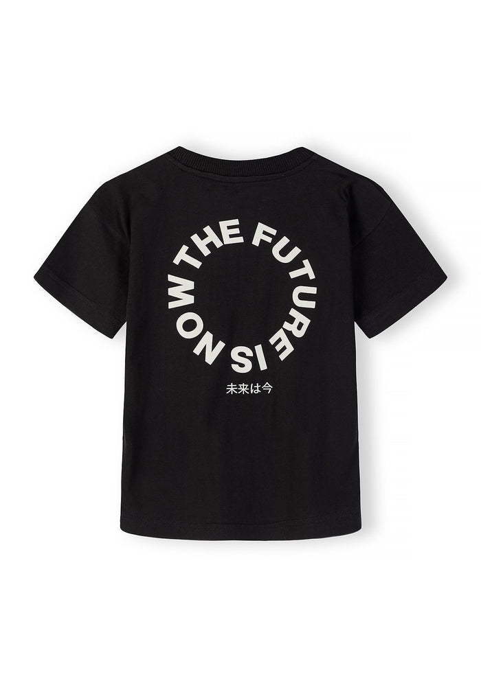 Boys' black short-sleeve t-shirt with printed design, back view.