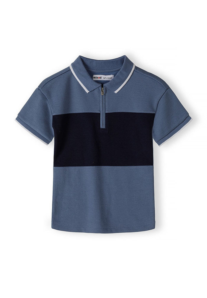 Boys' short-sleeved navy blue polo shirt with zip-up collar, front view.