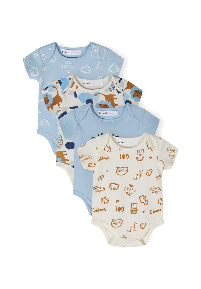 Set of 4 boys short sleeve bodysuits in light blue and cream with playful prints, front view.