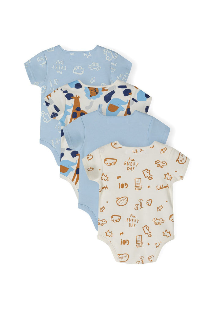 Set of 4 boys short sleeve bodysuits in light blue and prints, front view.