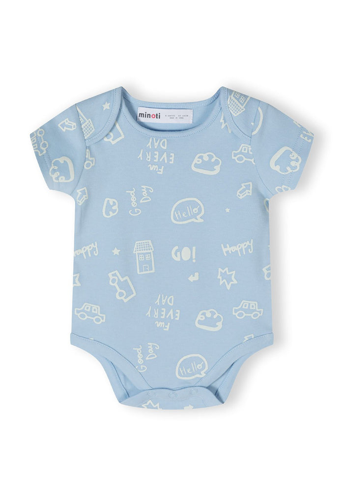 Light blue short sleeve bodysuit with press studs and playful print, front view.