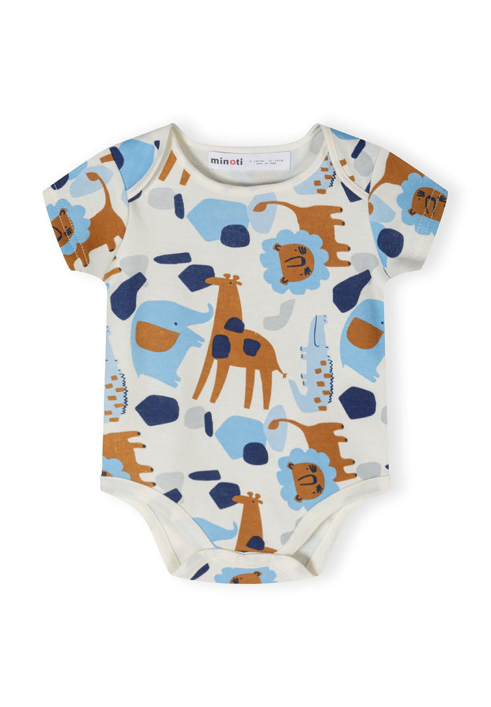 Light blue short sleeve bodysuit with animal print, detail view.