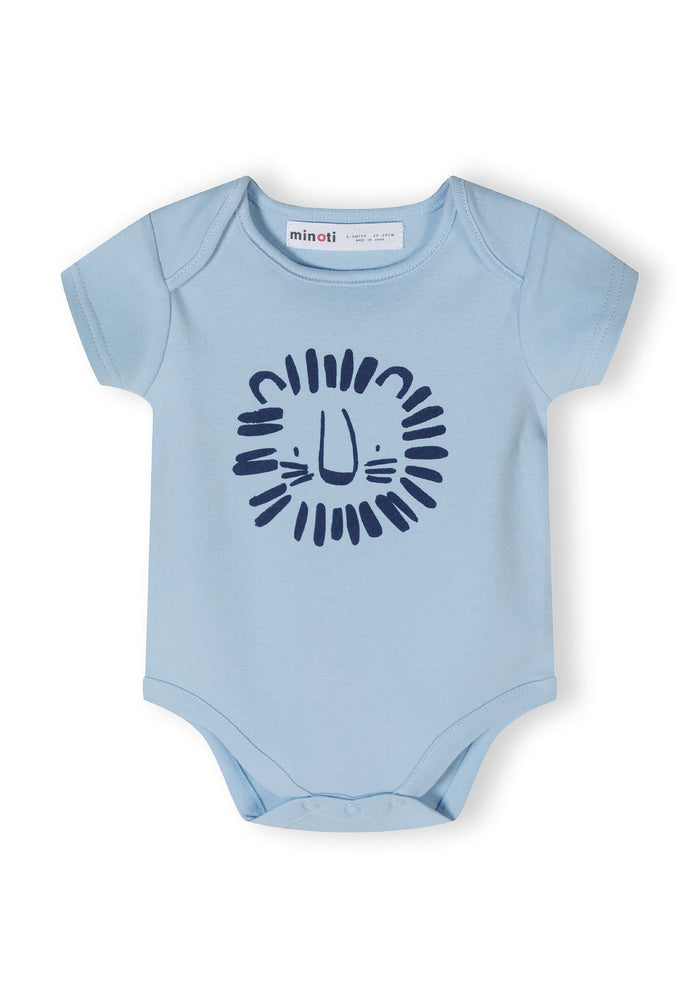 Light blue short sleeve bodysuit with lion print and press studs at the crotch.