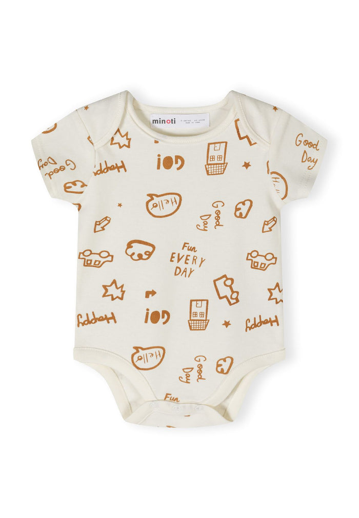 Light cream short sleeve bodysuit with playful prints and press studs at the crotch.