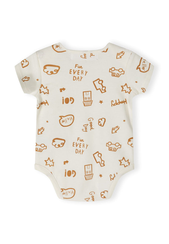 Light blue boys short sleeve bodysuit with playful prints, back view.