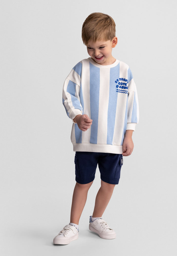 Boys striped sweatshirt in blue and white with long sleeves and navy shorts, front view.