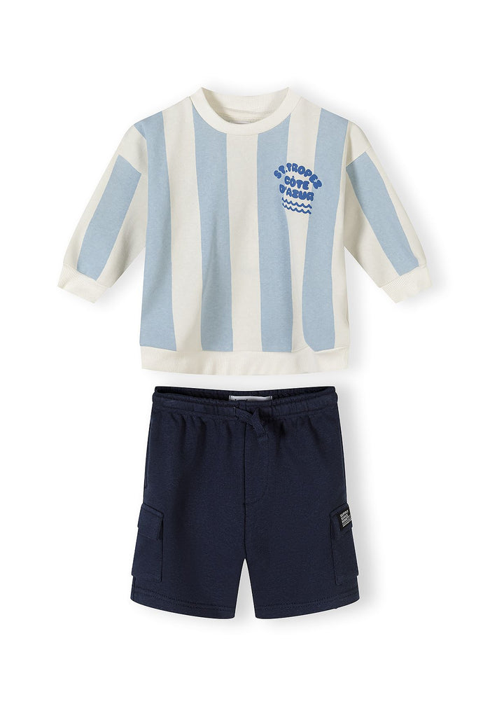 Boys' blue and white striped sweatshirt with ribbed cuffs and navy shorts with pockets.