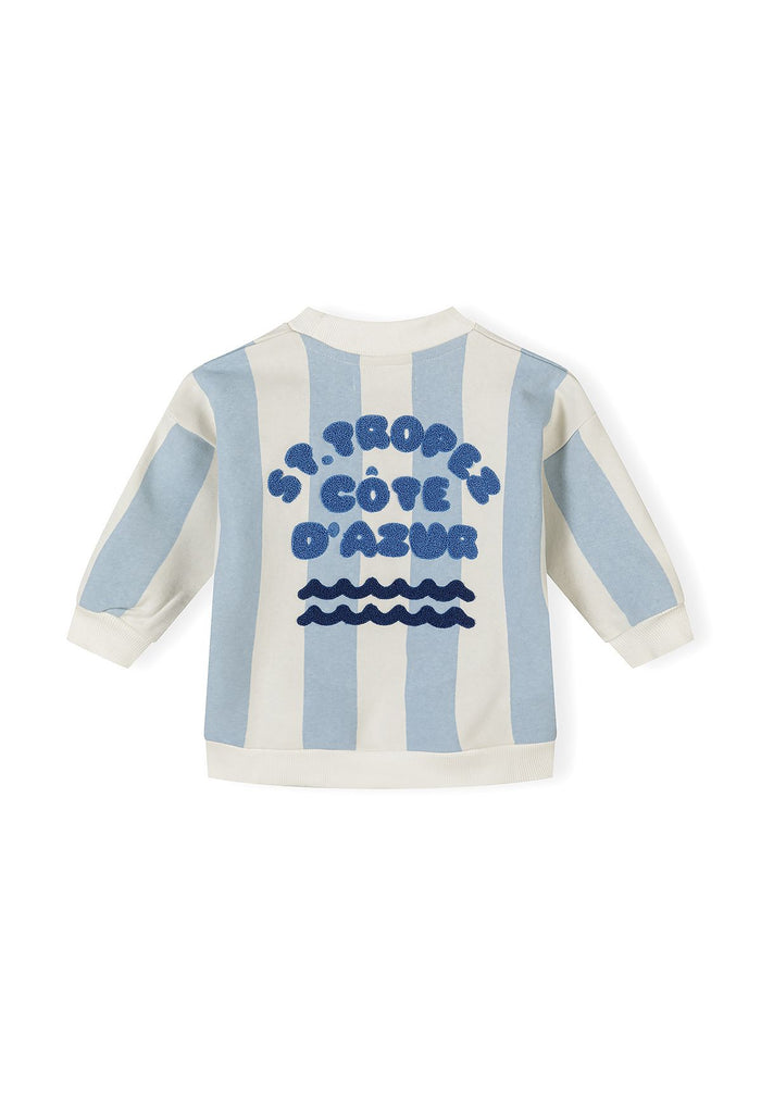 Boys' blue and white striped sweatshirt, back view, features logo detail.