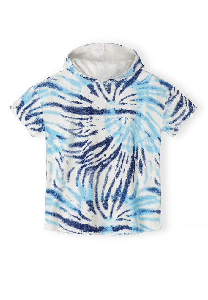 Boys hooded tie-dye cover-up in blue and white, short sleeves, loose fit.