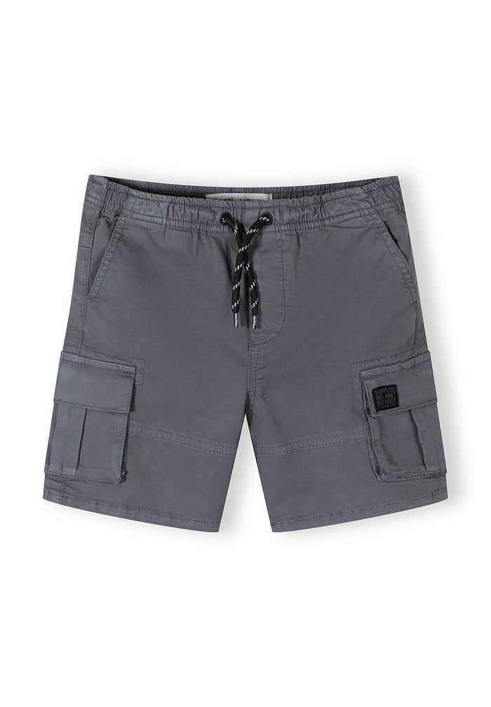 Boys combat shorts in gray with elastic waistband and cargo pockets, front view.
