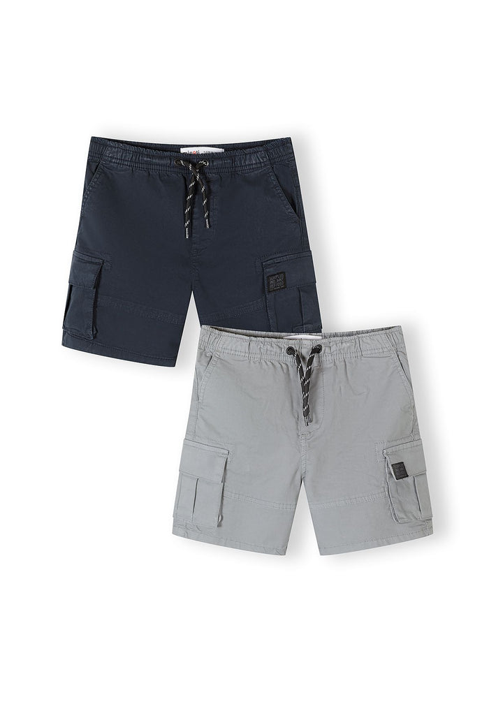 Boys' grey and black camouflage shorts, front view, featuring elasticated waistband and side pockets.