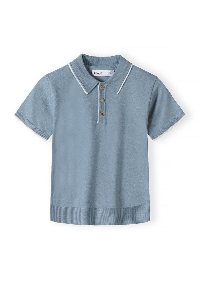 Light blue knitted polo shirt with three buttons, front view.