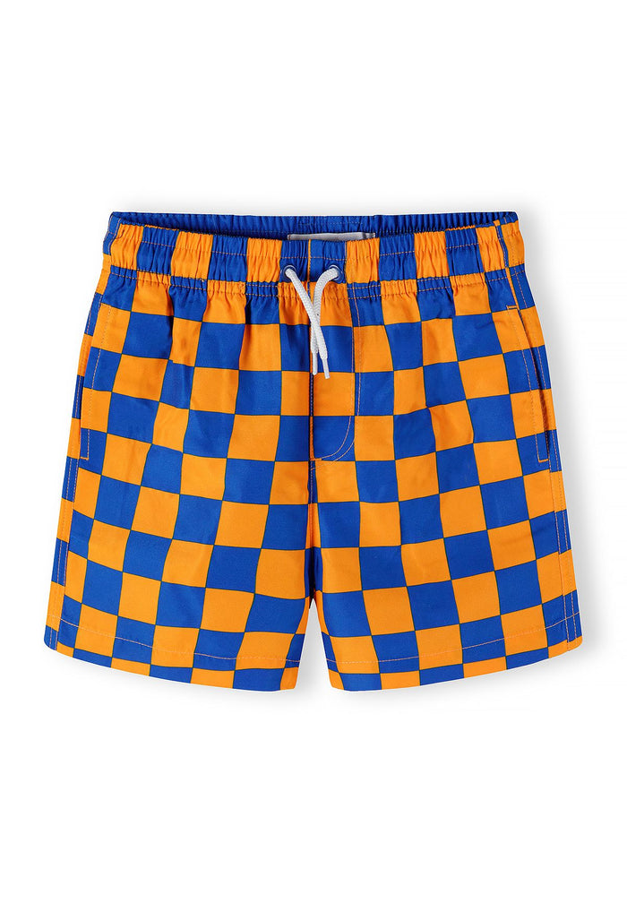 Boys quick dry swim shorts in orange and blue check pattern, front view, elasticated waistband.