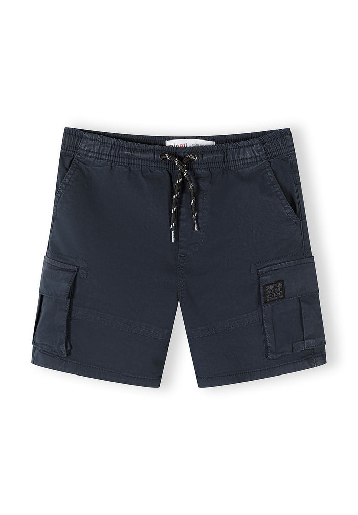 Navy woven cargo shorts with adjustable waist, featuring side pockets and a straight cut.