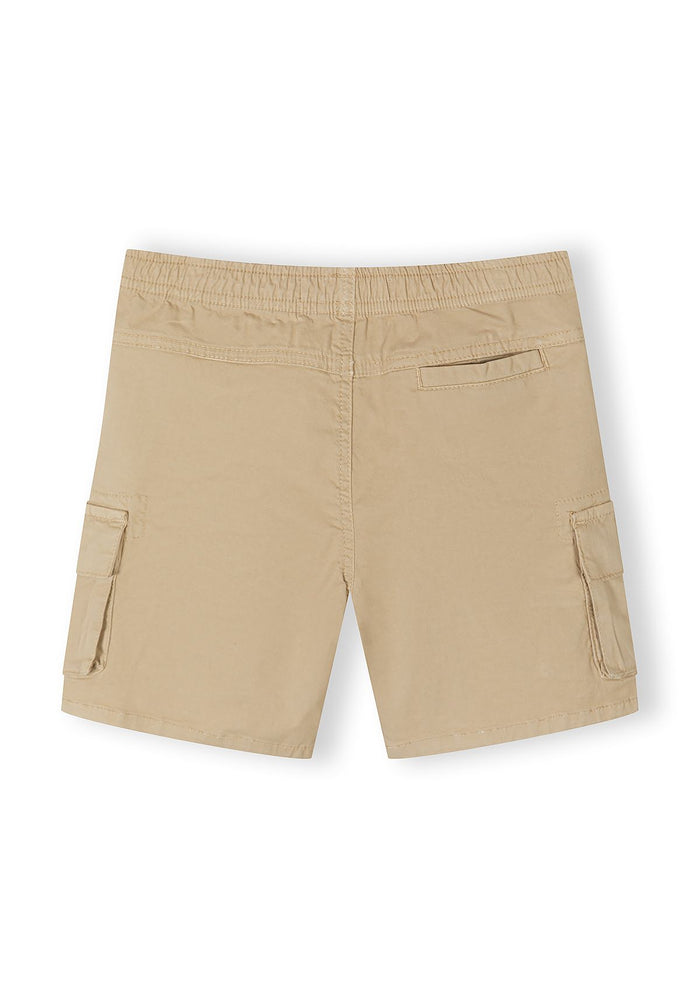 Beige cargo shorts with adjustable waistband, back pocket and side pockets, back view.