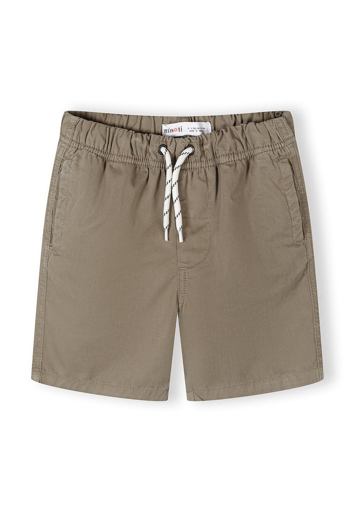 Boys' olive woven shorts, front view, elasticated waistband, two side pockets.