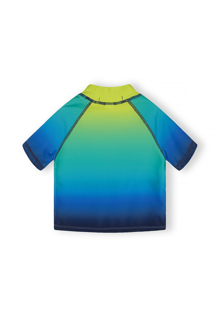 Back view of a boys' rash top in ombre lime and navy with short sleeves.