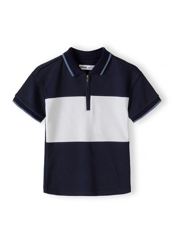 Boys navy and white zip collar polo top, short sleeves, textured pique finish.