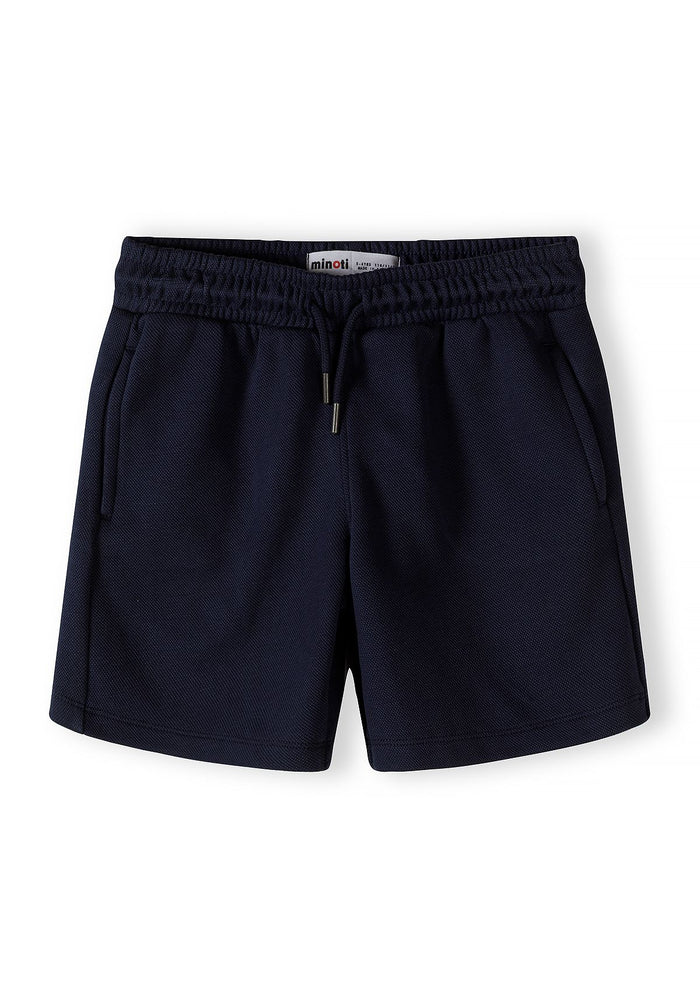 Boys navy shorts with elasticated waistband and two side pockets, front view.