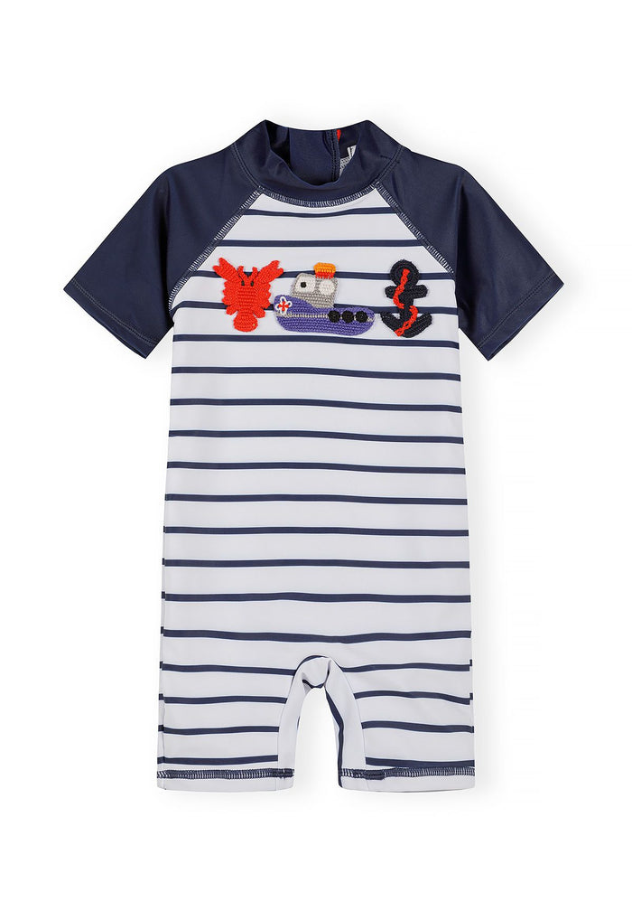 Boys short sleeve marine striped rash suit with front zip and lobster design.