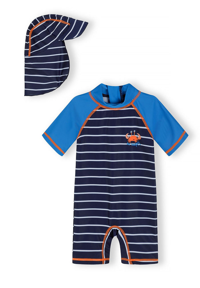 Boys navy striped rashguard swimsuit with fitted hood and elasticated cuffs, front view.