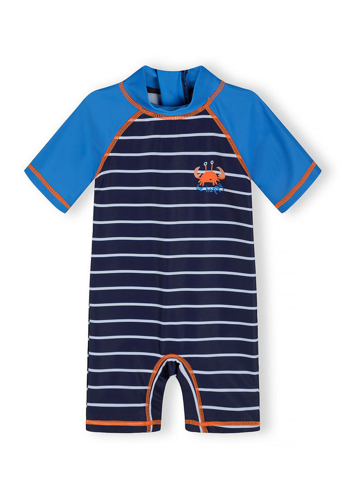 Boys navy striped rashguard swimsuit with fitted hood and elasticated cuffs, front view.