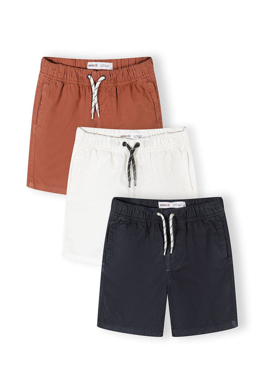 3-pack of boys' woven shorts in navy, white, and ochre, featuring elasticated waistbands.