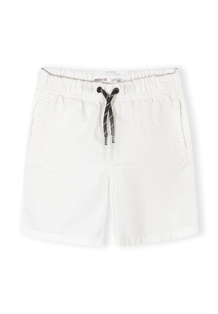 Boys' white woven shorts with elastic waistband and drawstring, front view.