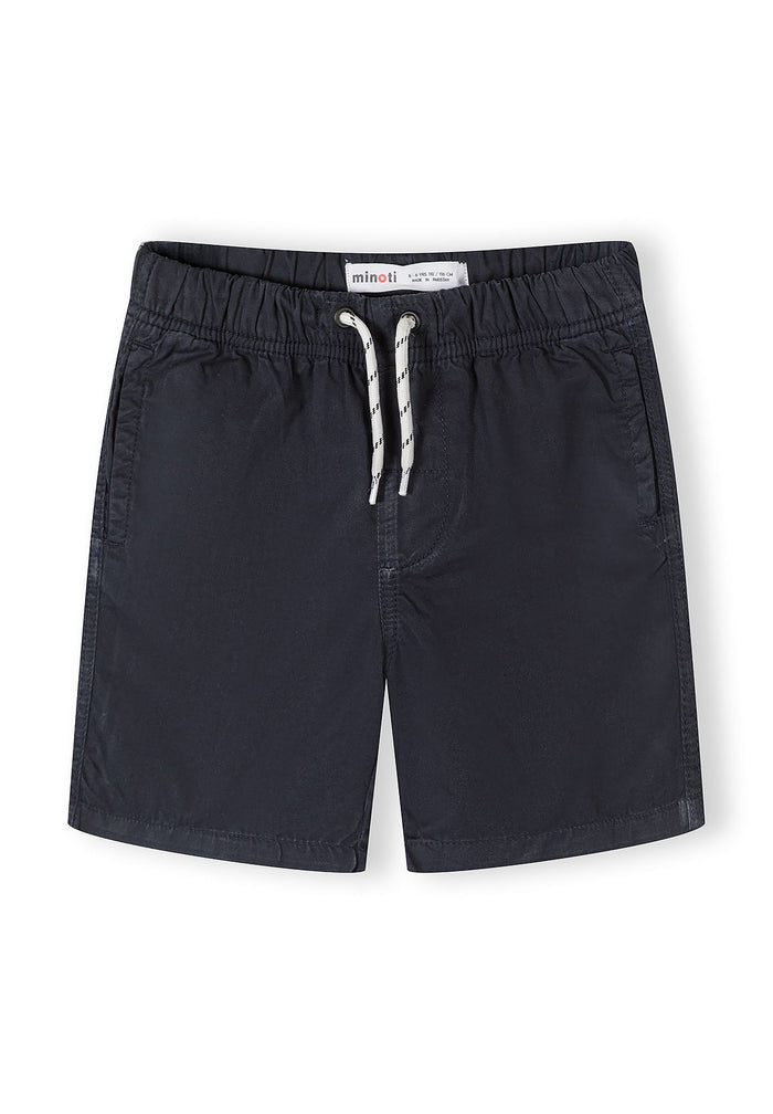 Close-up of navy woven shorts with elastic waistband and drawstring.