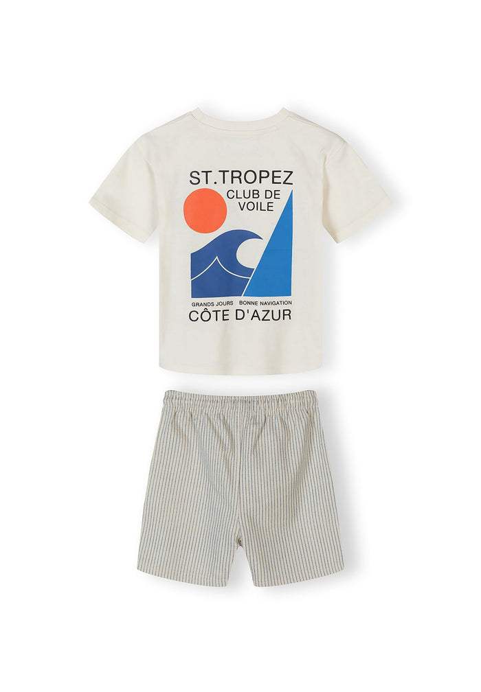 Boys' short sleeve shirt in offwhite with graphic print and striped shorts, front view.
