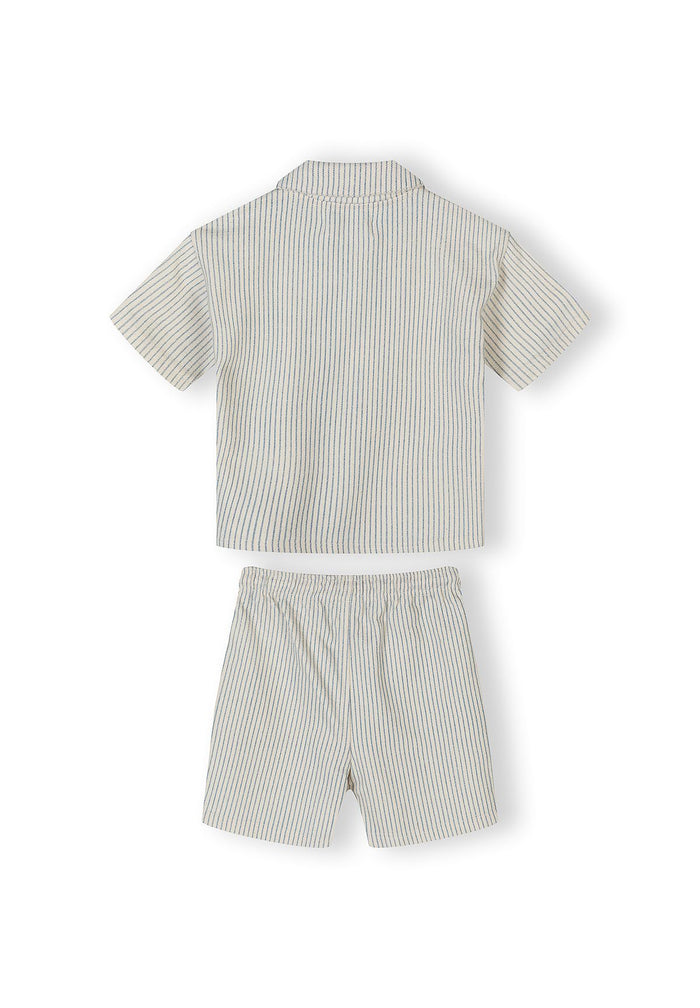 Boys' offwhite striped short sleeve shirt and shorts set, back view, features a classic collar and elasticated waist.