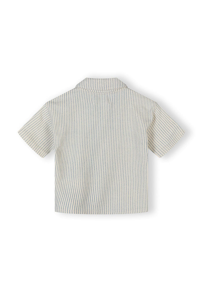 Back view of a boys' short sleeve striped shirt with a classic collar.
