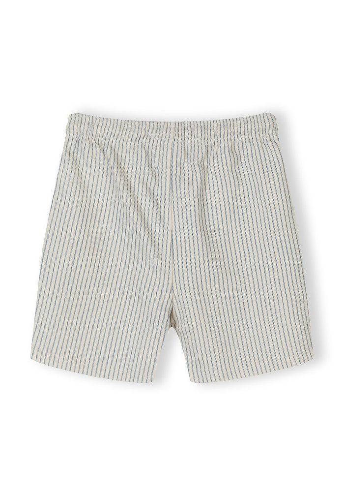 Boys' offwhite striped shorts with elasticated waist, front view.