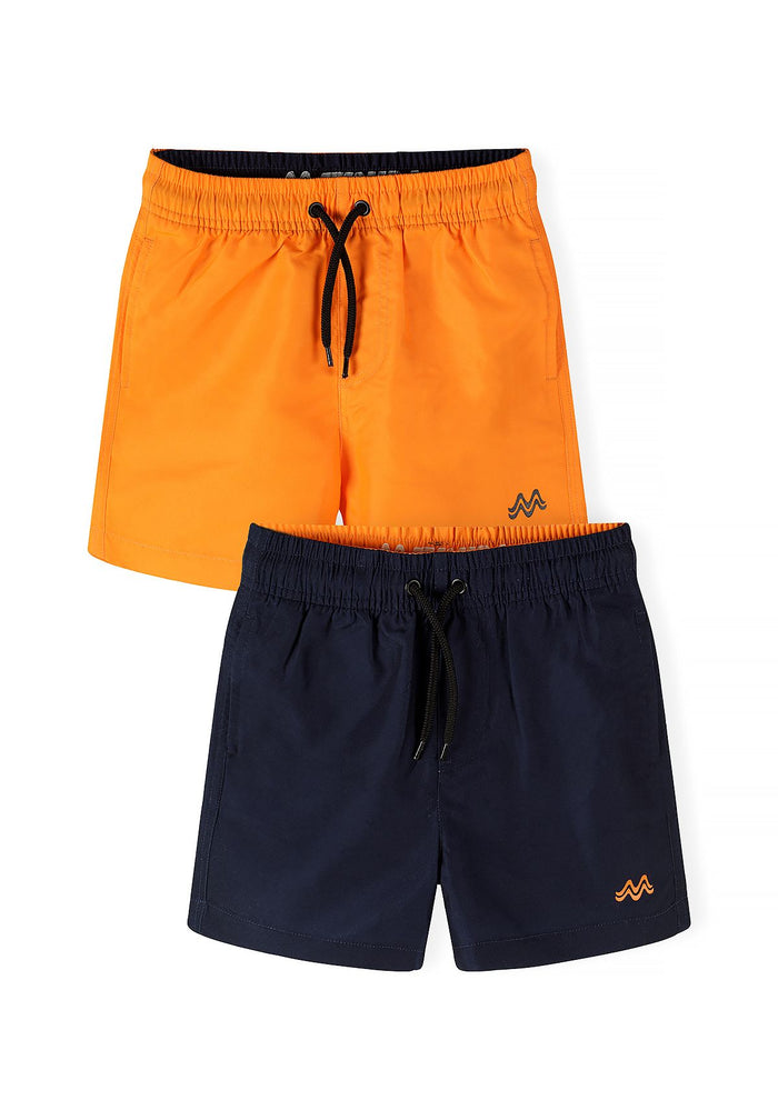 Boys swimming shorts in navy and bright orange, front view, featuring elasticated waistband and drawstring.